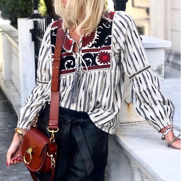 Miss June Paris Tops - Miss June Paris Striped Boho Blouse with Embroidered Details